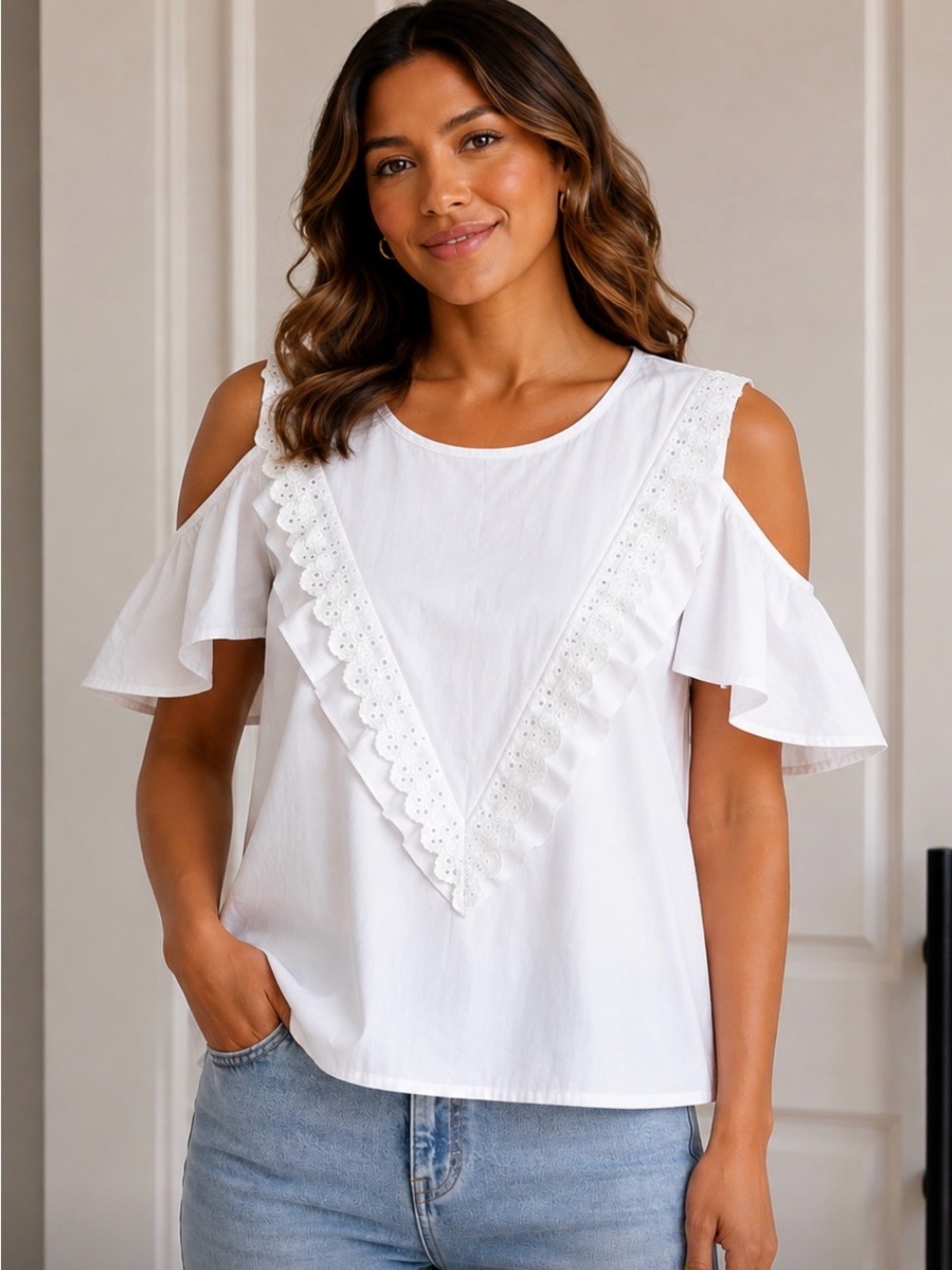 After Market White Ruffle Eyelet V-Paneled cold shoulder Womens Top